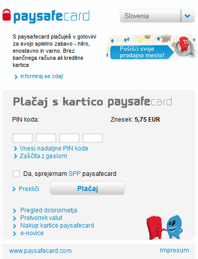 Obrazec za vpis PIN kode paysafecard