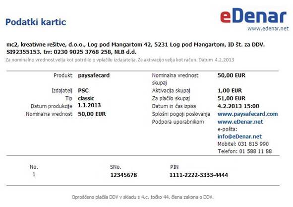 Testni izpis kartice paysafecard